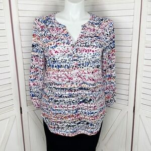 Emily Daniels Splatter Print Illusion V Neck Tunic Shirt Top White Multicolor